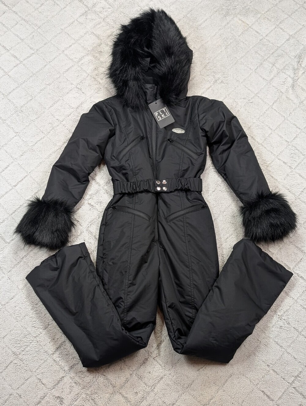 PrettyLittleThing Snow Suit Womens 4 Black Ski Faux Fur Trim Belted Hooded NEW
